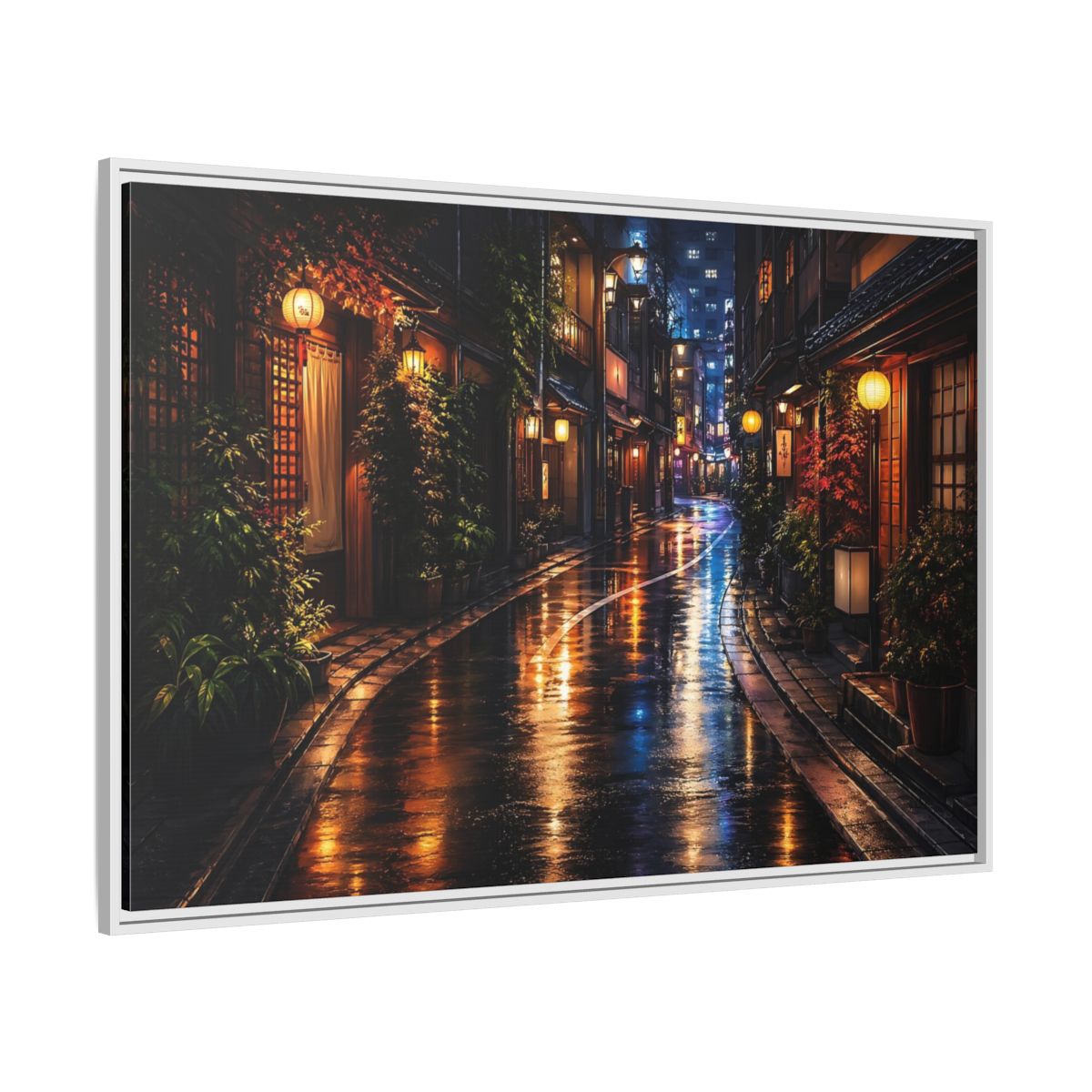 Side Mockup 7. Vintage Japanese Street Japanese Night Street shown as stretched canvas wall art
