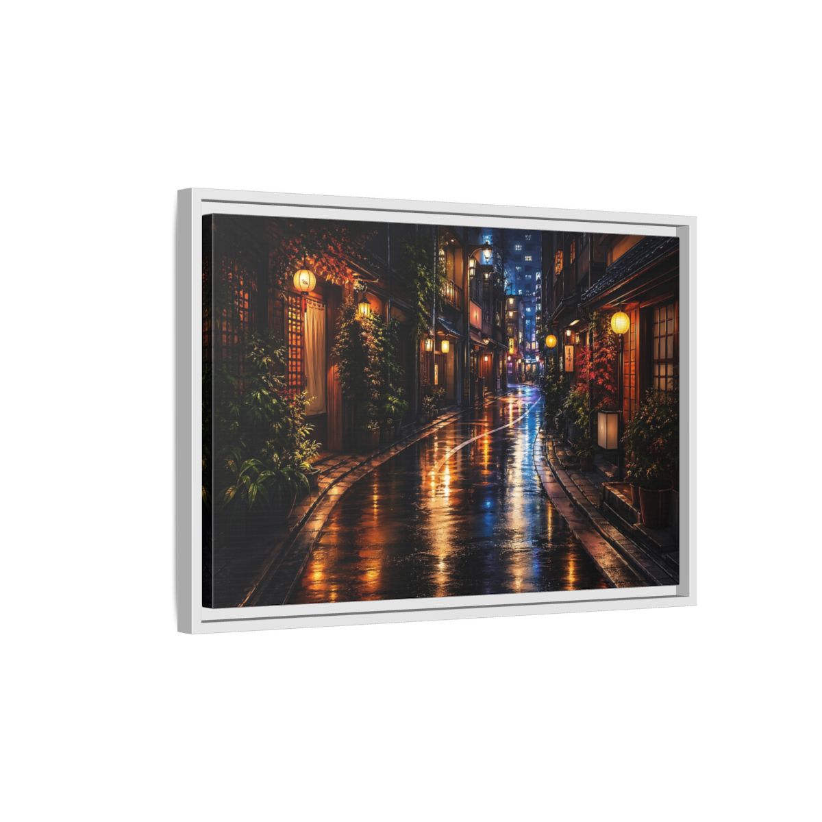 Side Mockup 1. Vintage Japanese Street Japanese Night Street shown as stretched canvas wall art
