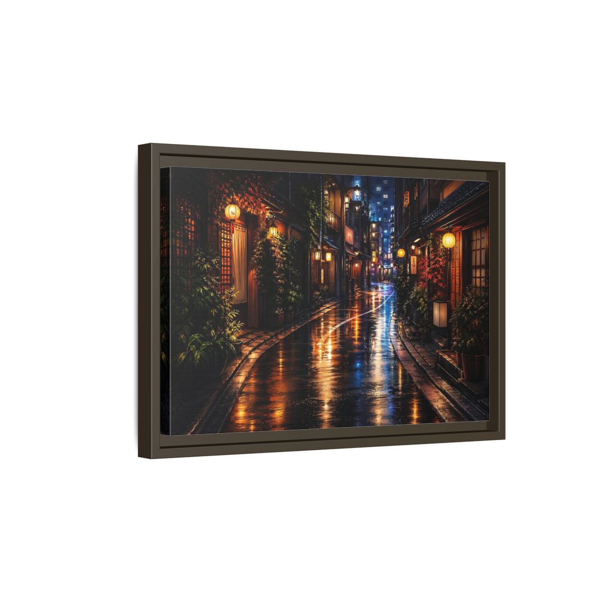 Side Mockup 5. Vintage Japanese Street Japanese Night Street shown as stretched canvas wall art