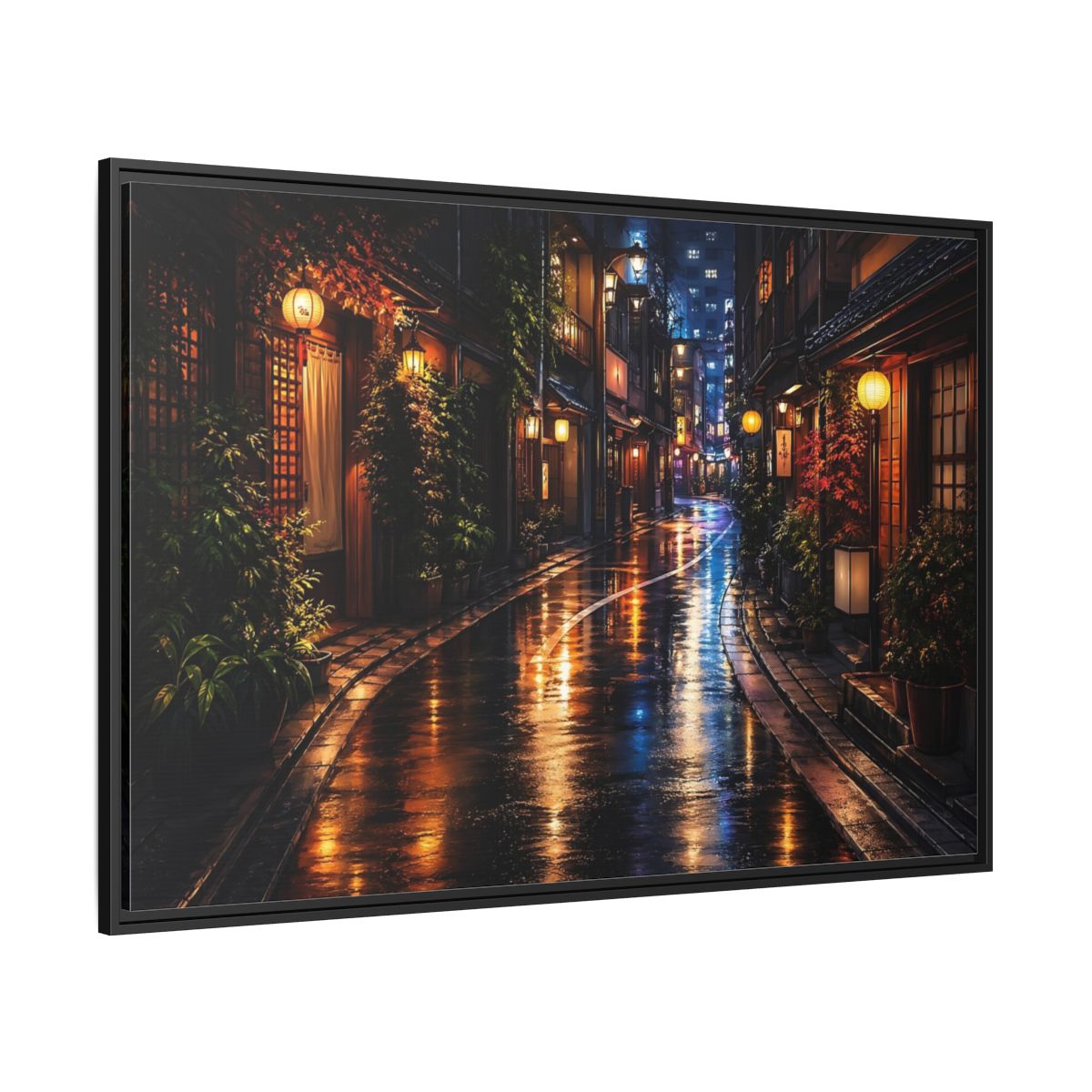 Side Mockup 12. Vintage Japanese Street Japanese Night Street shown as stretched canvas wall art