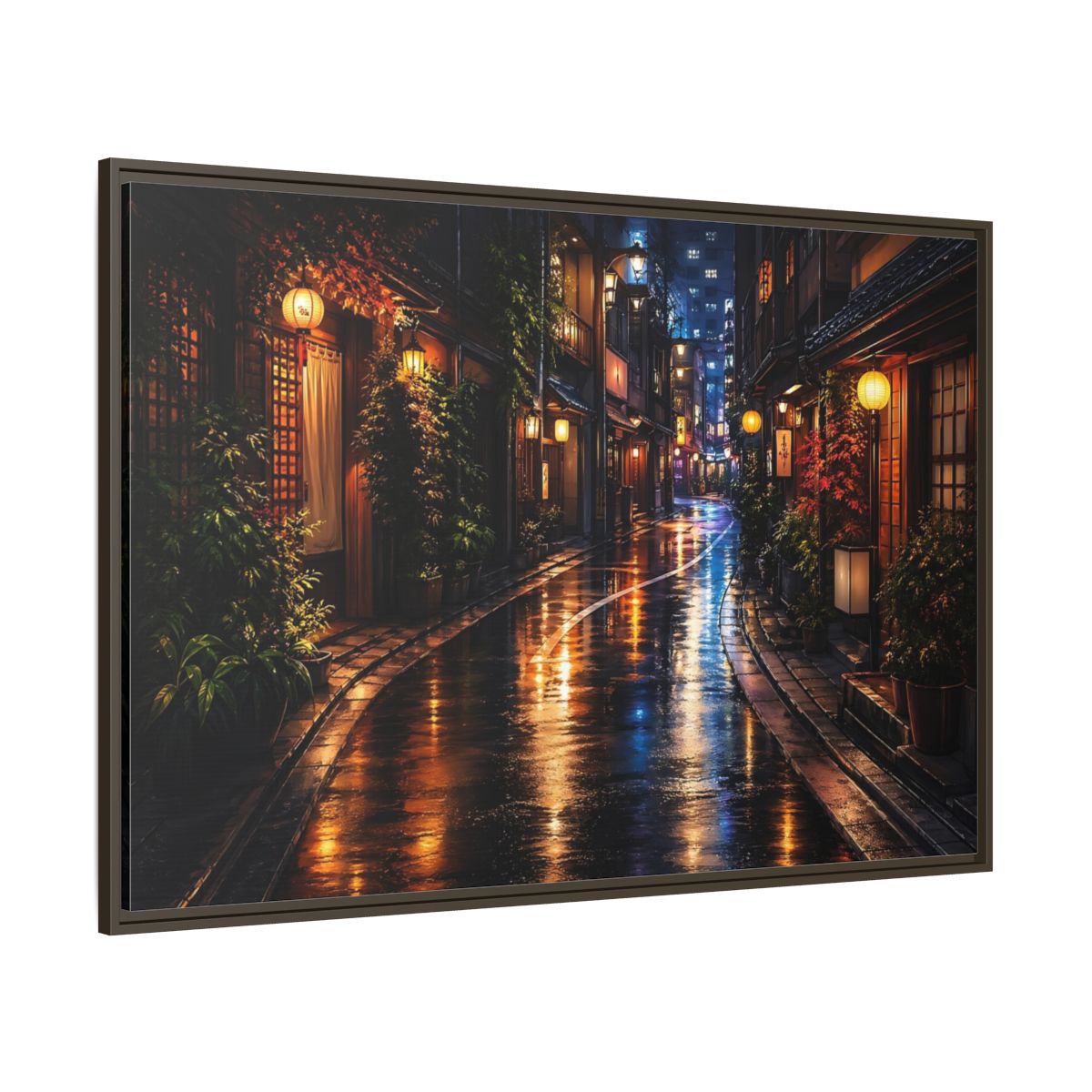 Side Mockup 8. Vintage Japanese Street Japanese Night Street shown as stretched canvas wall art