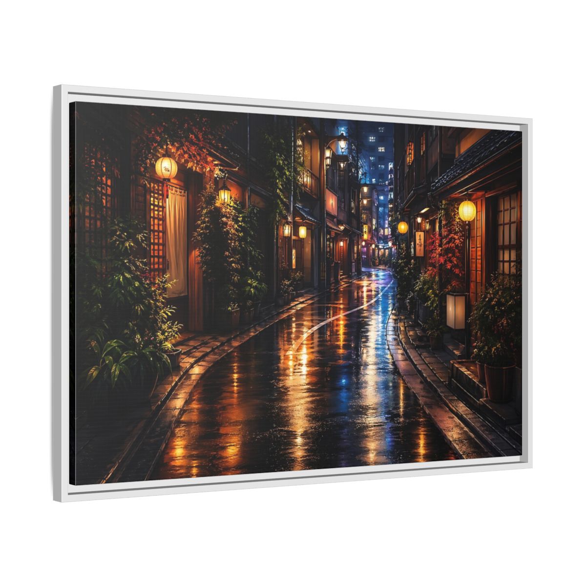 Side Mockup 9. Vintage Japanese Street Japanese Night Street shown as stretched canvas wall art