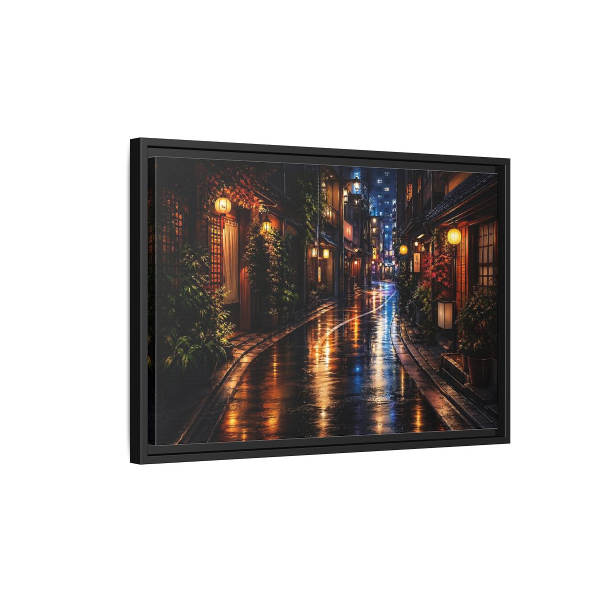 Side Mockup 3. Vintage Japanese Street Japanese Night Street shown as stretched canvas wall art