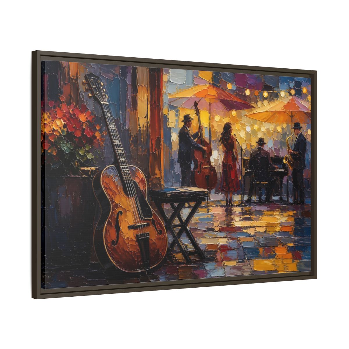 Main Mockup. Vintage Jazz Band Colorful Jazz Scene shown as framed canvas print