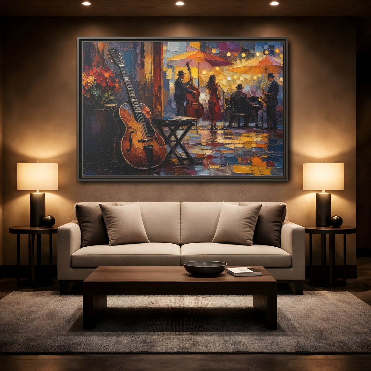 Mockup 2. Vintage Jazz Band Colorful Jazz Scene shown as framed canvas print