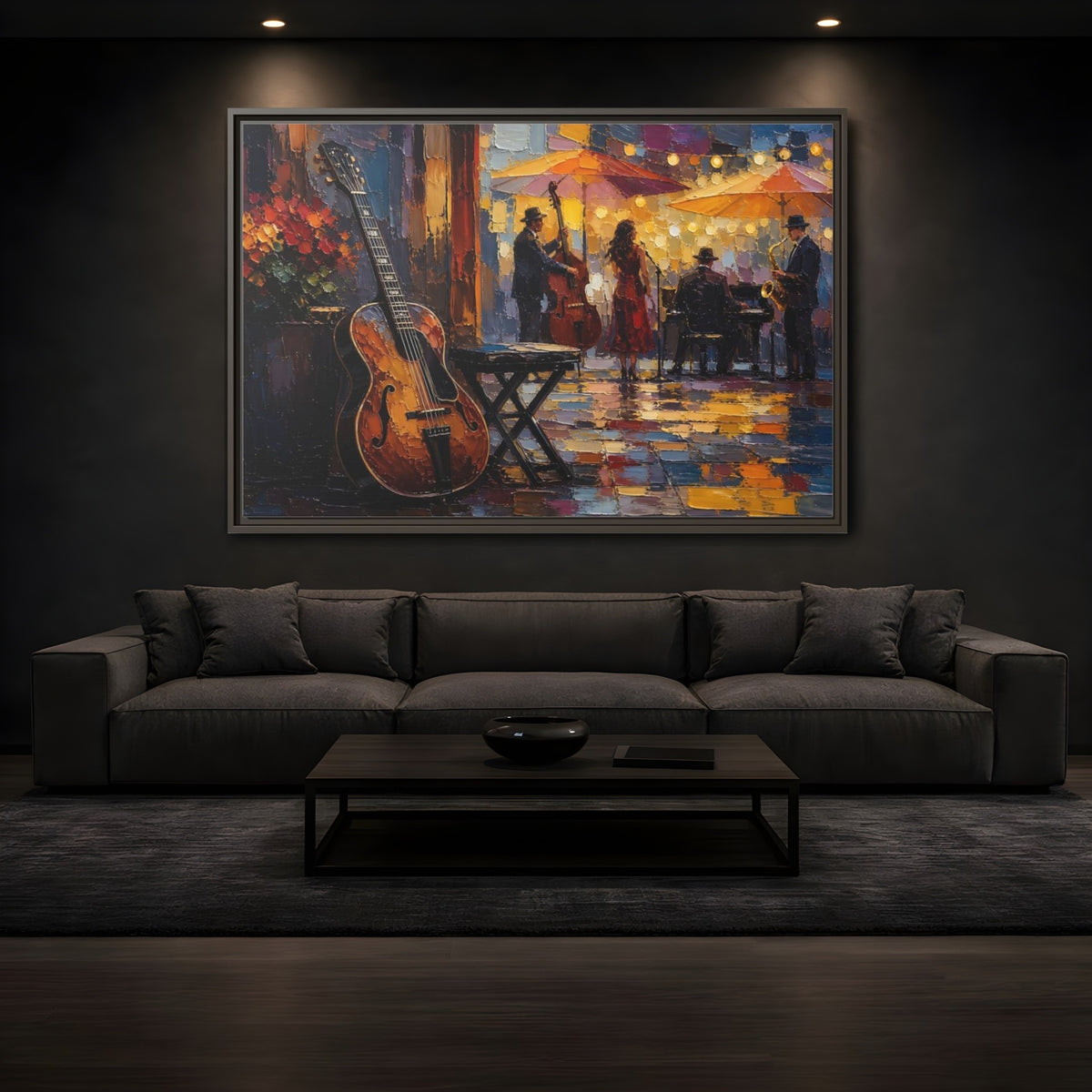 Mockup 3. Vintage Jazz Band Colorful Jazz Scene shown as framed canvas print