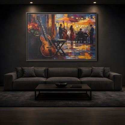 Mockup 3. Vintage Jazz Band Colorful Jazz Scene shown as framed canvas print