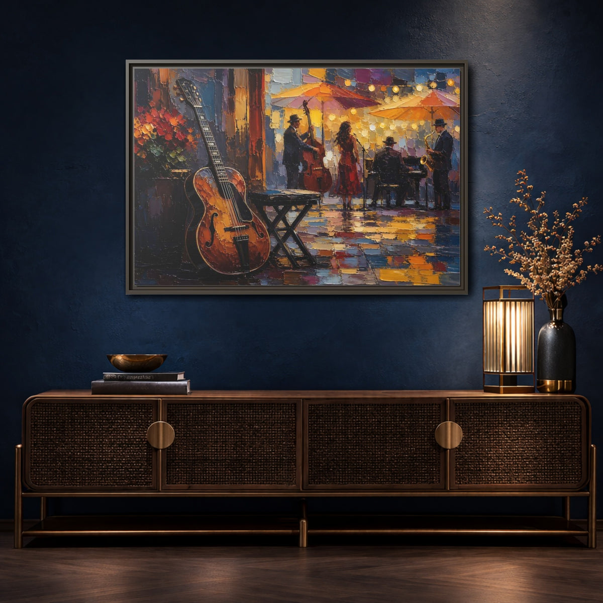 Mockup 4. Vintage Jazz Band Colorful Jazz Scene shown as framed canvas print
