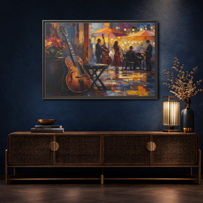 Mockup 4. Vintage Jazz Band Colorful Jazz Scene shown as framed canvas print