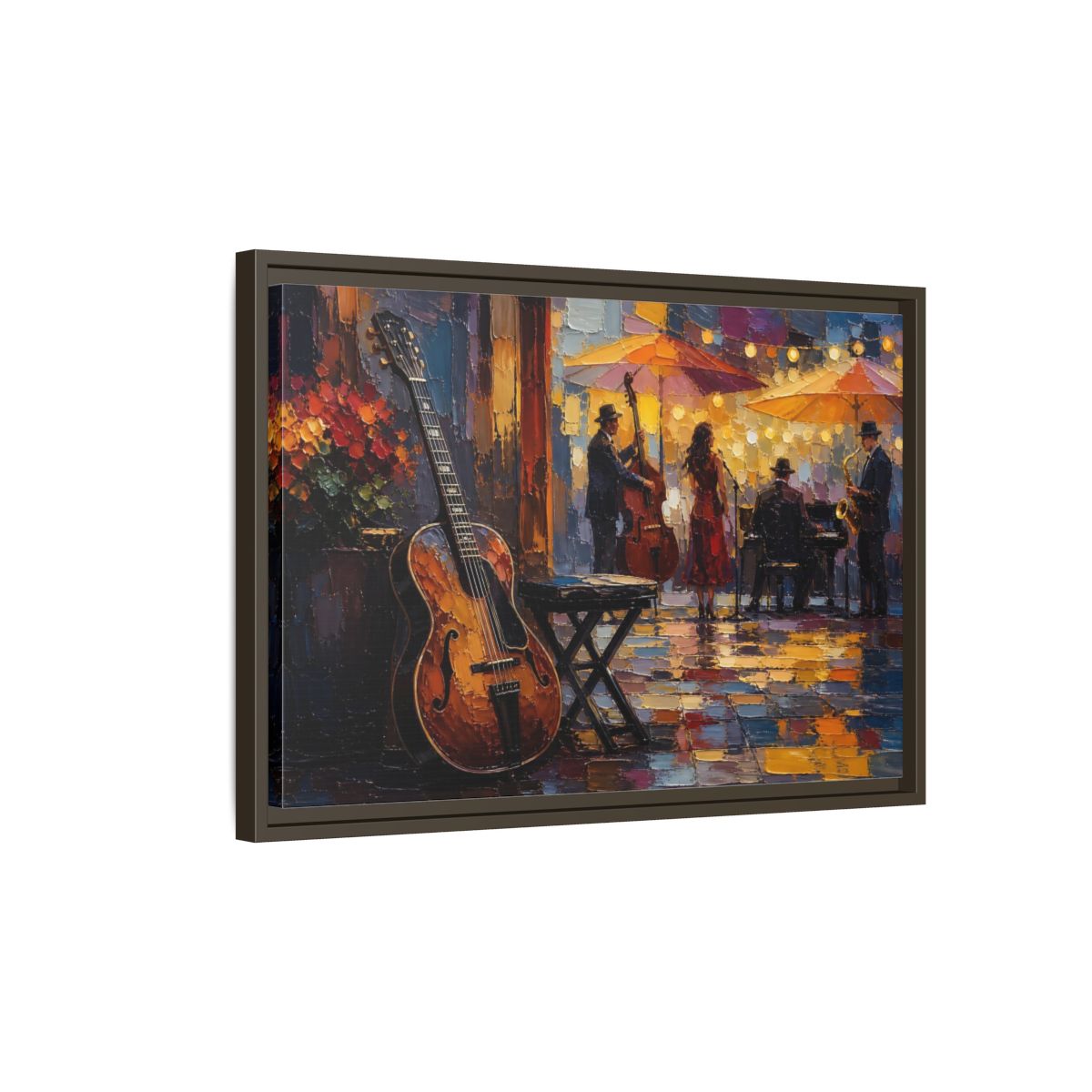 Side Mockup 2. Vintage Jazz Band Colorful Jazz Scene shown as framed canvas print