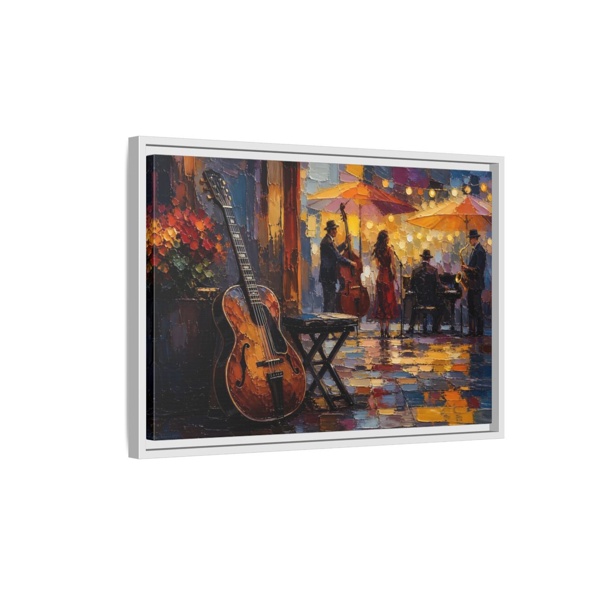 Side Mockup 1. Vintage Jazz Band Colorful Jazz Scene shown as framed canvas print