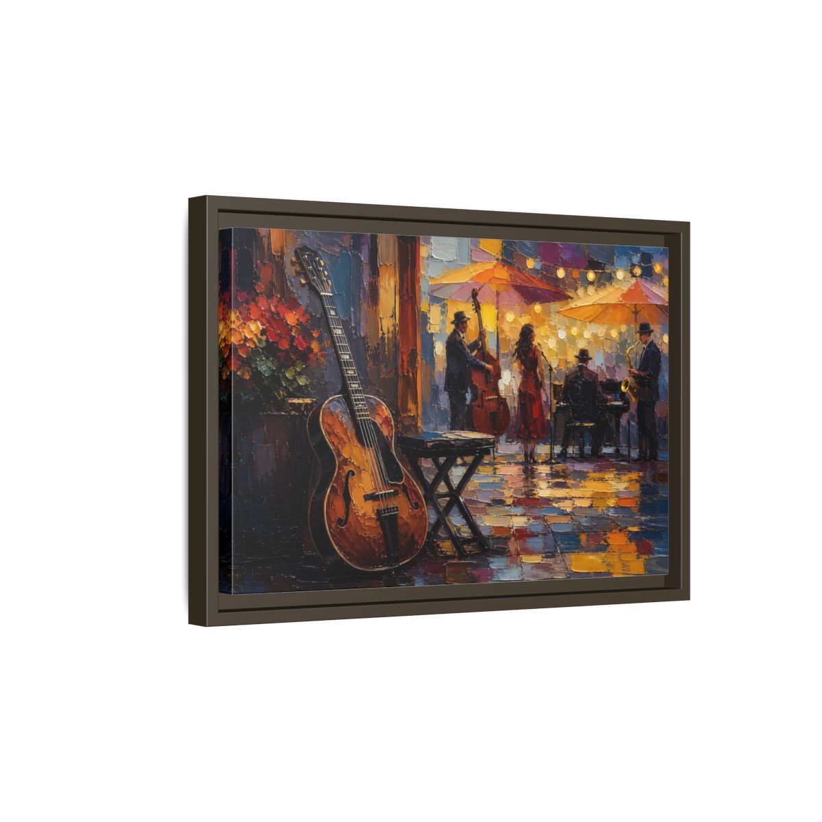 Side Mockup 5. Vintage Jazz Band Colorful Jazz Scene shown as framed canvas print
