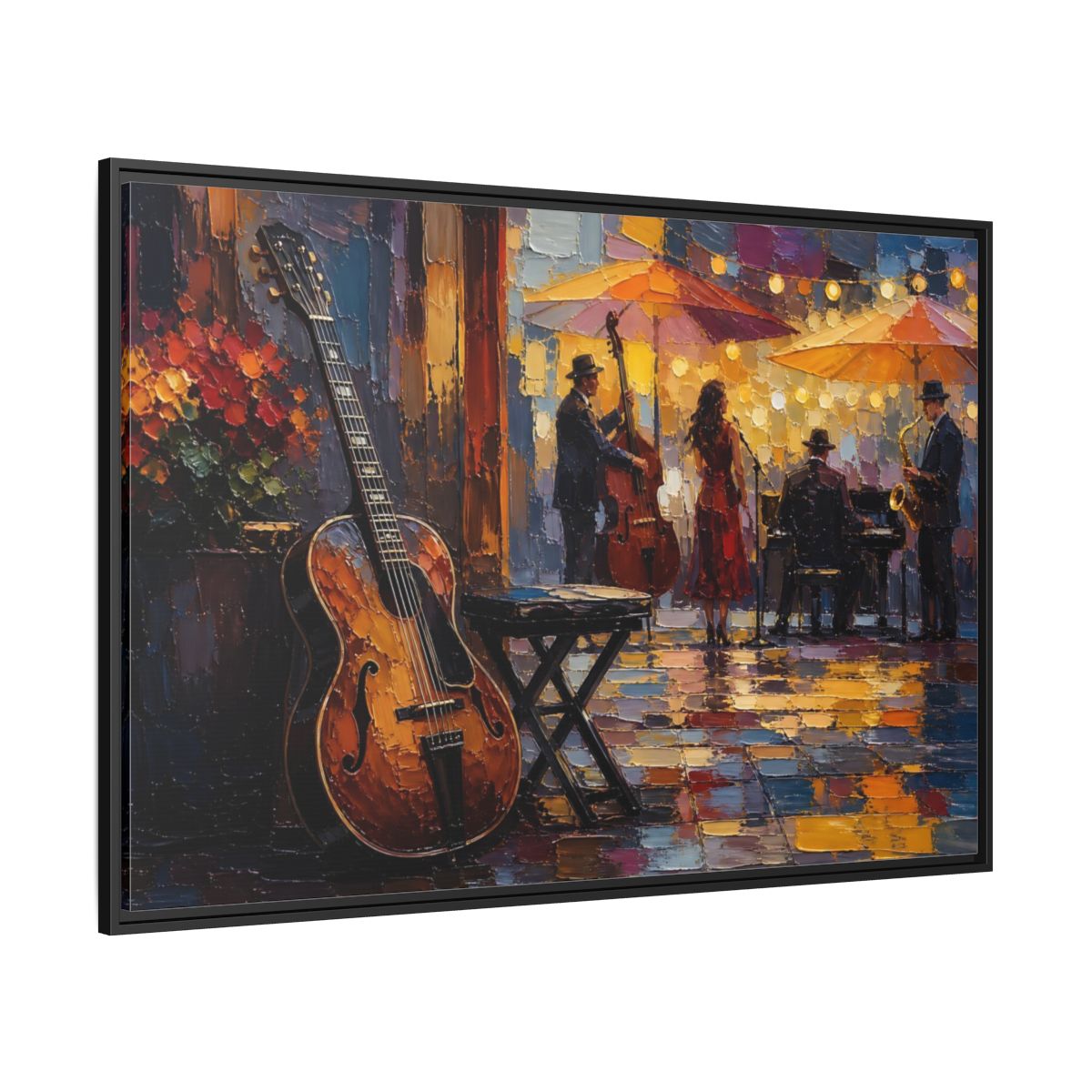 Side Mockup 12. Vintage Jazz Band Colorful Jazz Scene shown as framed canvas print