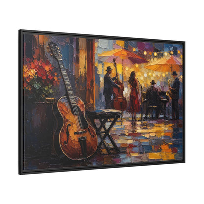 Side Mockup 12. Vintage Jazz Band Colorful Jazz Scene shown as framed canvas print