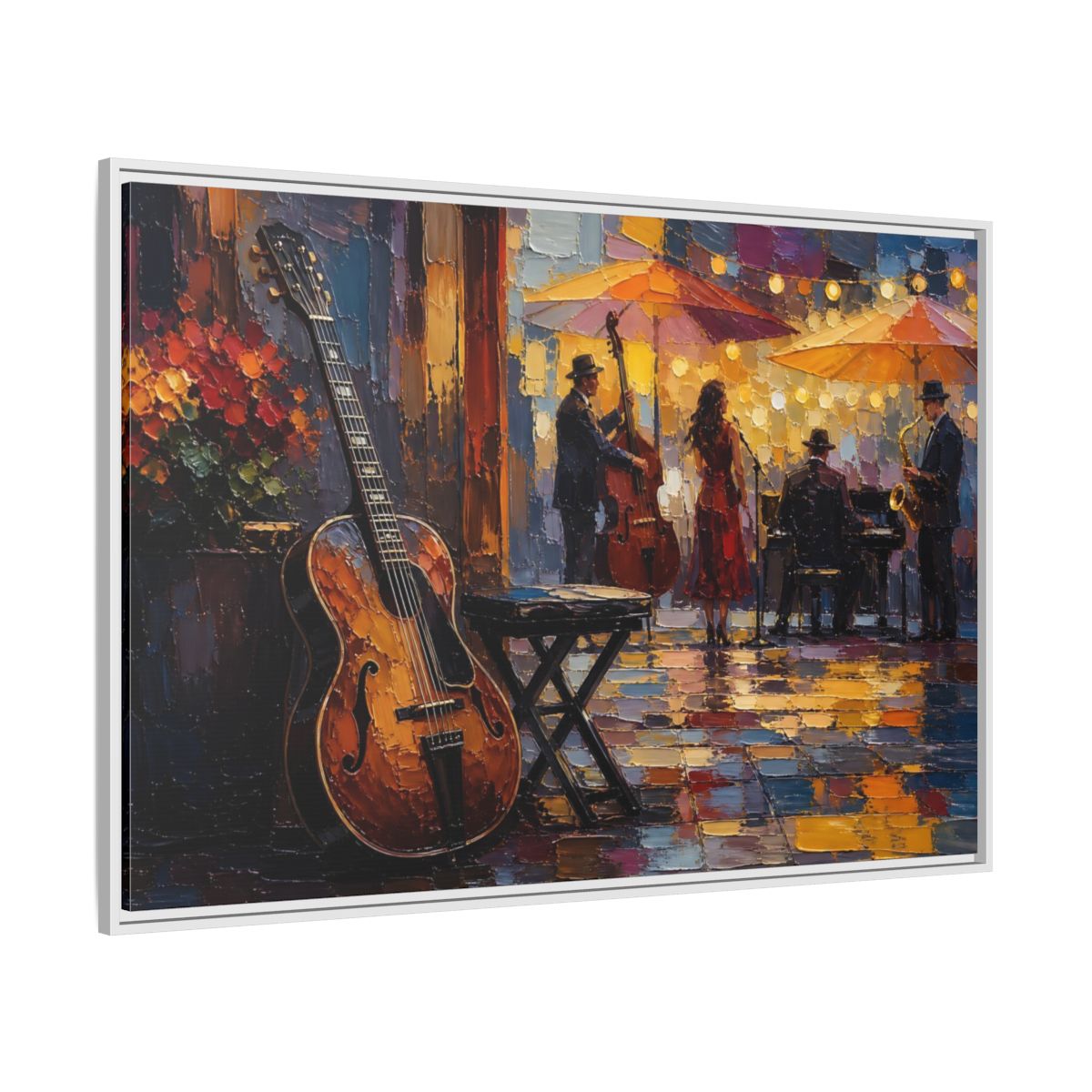 Side Mockup 7. Vintage Jazz Band Colorful Jazz Scene shown as framed canvas print