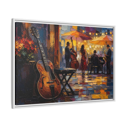 Side Mockup 9. Vintage Jazz Band Colorful Jazz Scene shown as framed canvas print