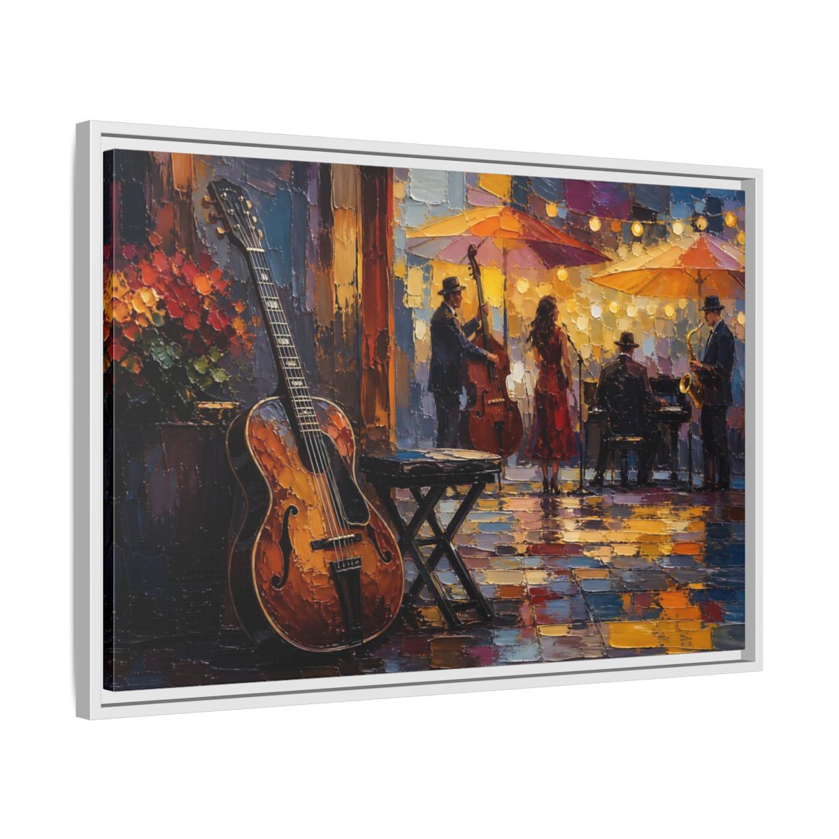 Side Mockup 10. Vintage Jazz Band Colorful Jazz Scene shown as framed canvas print