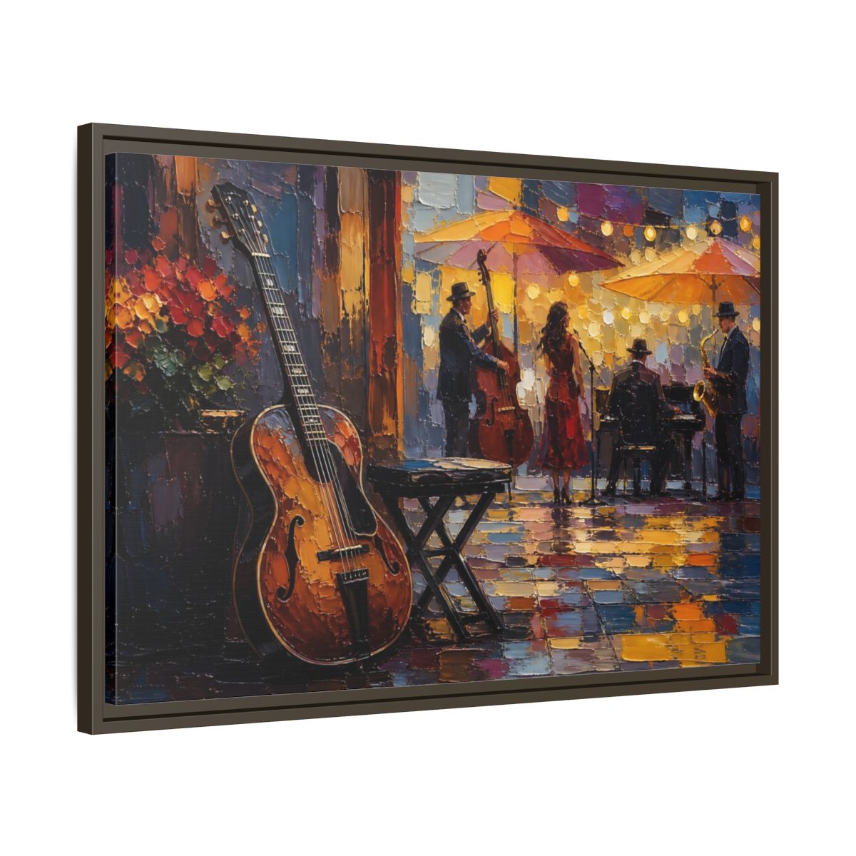 Side Mockup 11. Vintage Jazz Band Colorful Jazz Scene shown as framed canvas print