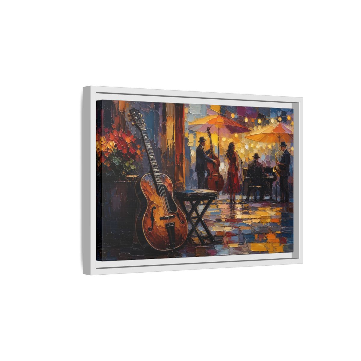 Side Mockup 4. Vintage Jazz Band Colorful Jazz Scene shown as framed canvas print