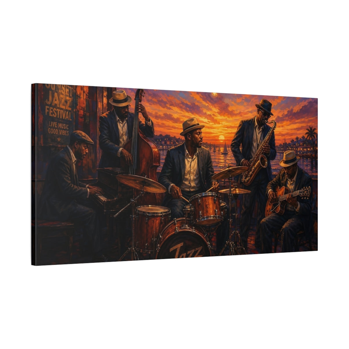 Main Mockup. Vintage Jazz Band Vibrant Jazz Scene shown as canvas print