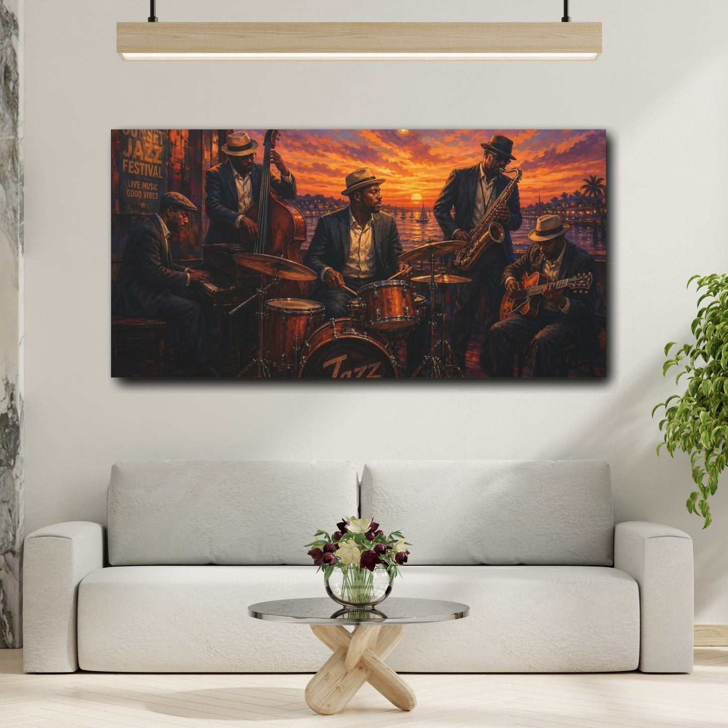 Mockup 2. Vintage Jazz Band Vibrant Jazz Scene shown as canvas print