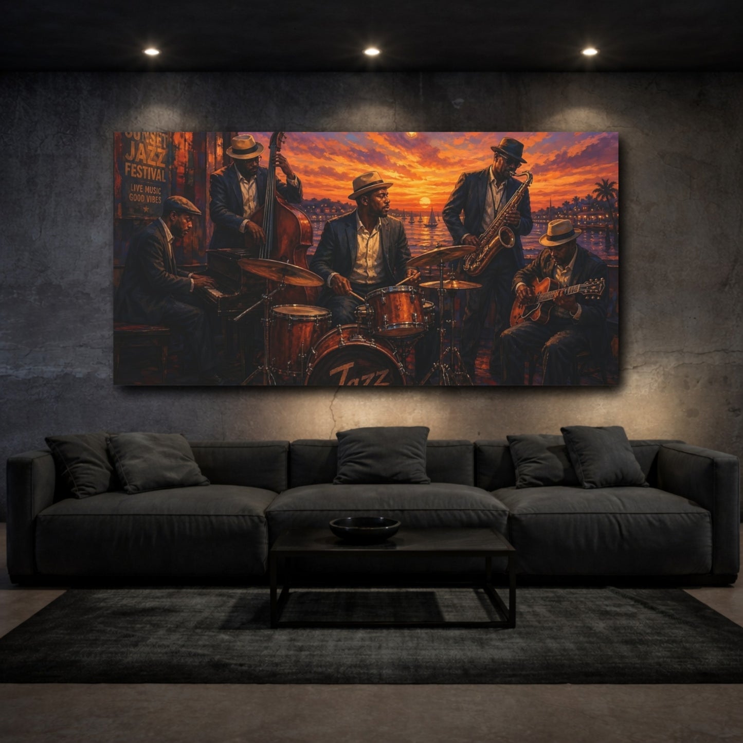 Mockup 3. Vintage Jazz Band Vibrant Jazz Scene shown as canvas print