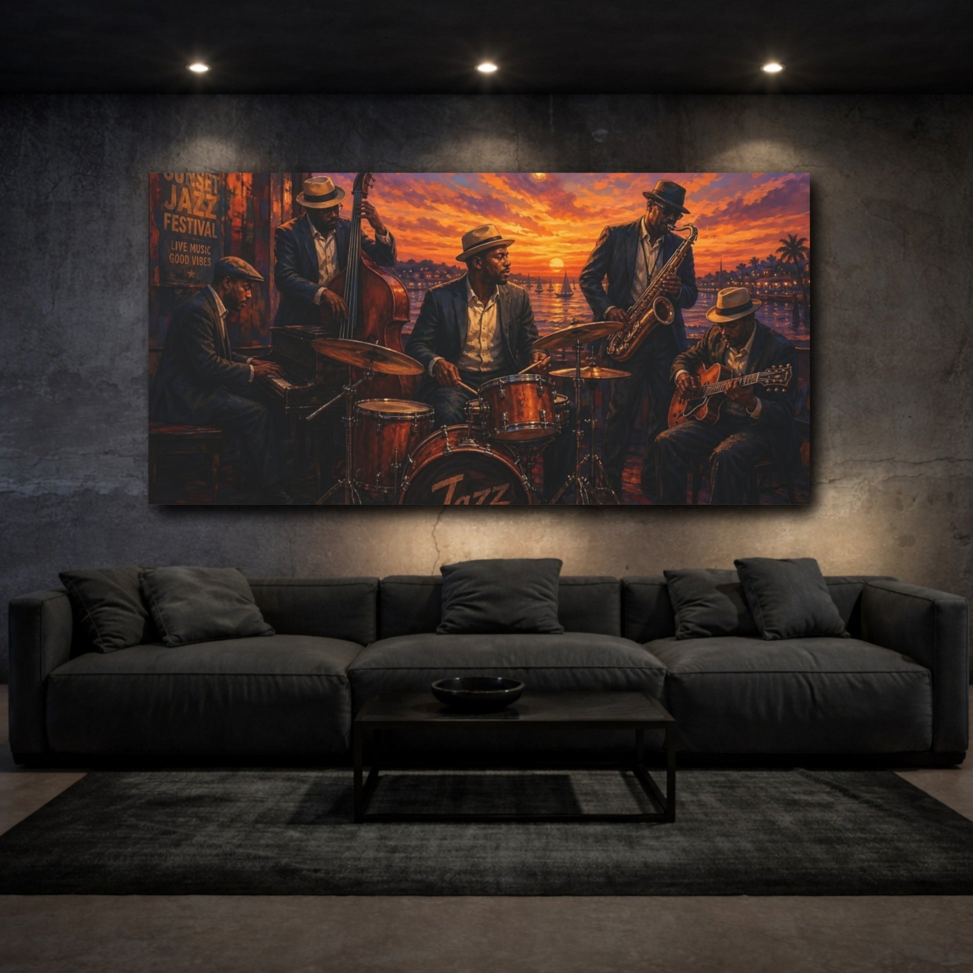 Mockup 3. Vintage Jazz Band Vibrant Jazz Scene shown as canvas print