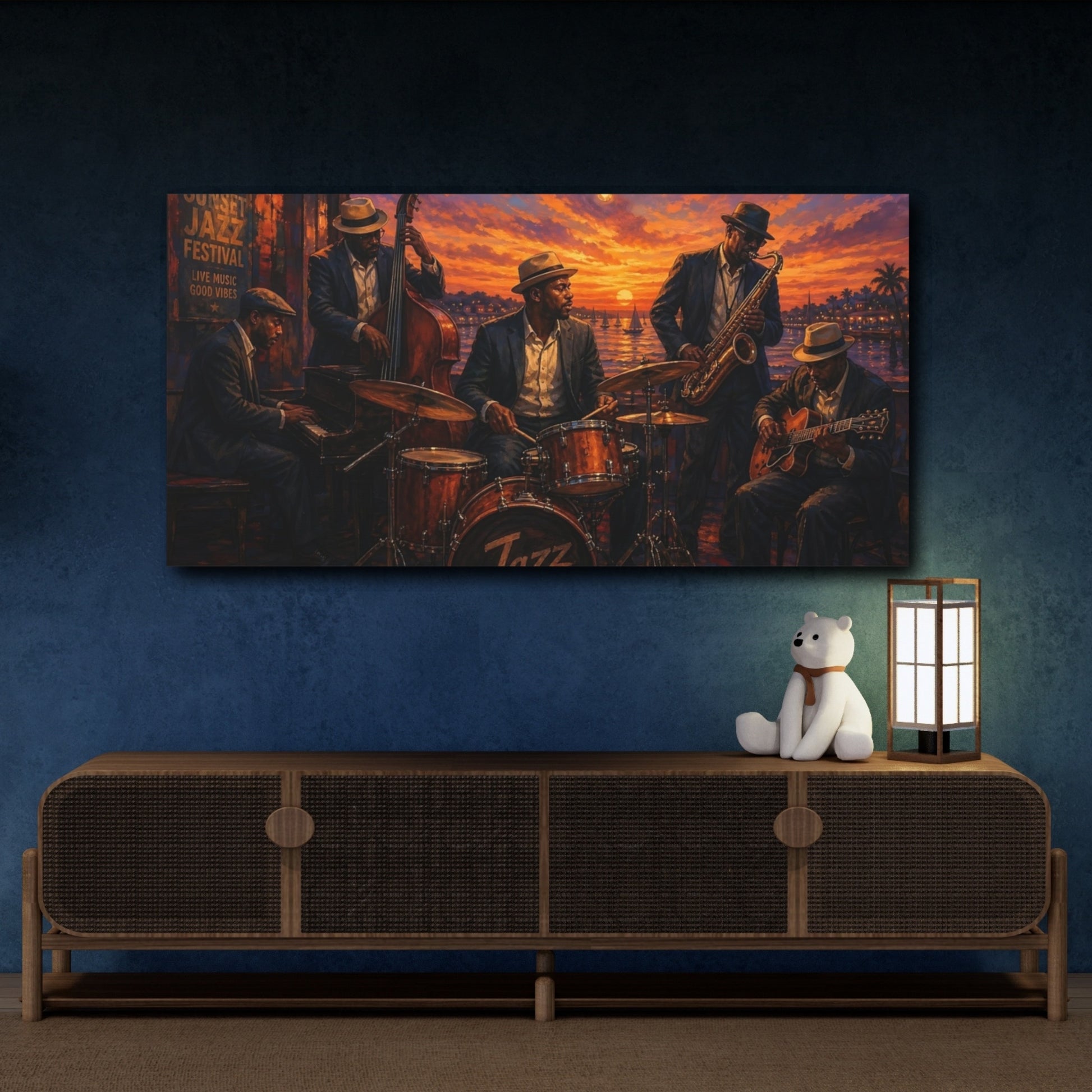 Mockup 4. Vintage Jazz Band Vibrant Jazz Scene shown as canvas print