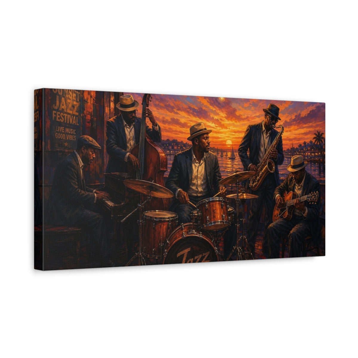 Side Mockup 3. Vintage Jazz Band Vibrant Jazz Scene shown as canvas print