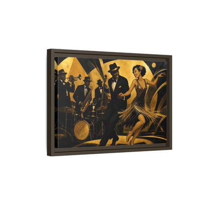 Side Mockup 5. Vintage Jazz Dancers Black And Gold shown as framed canvas print