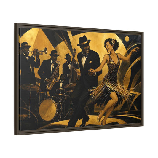 Main Mockup. Vintage Jazz Dancers Black And Gold shown as framed canvas print