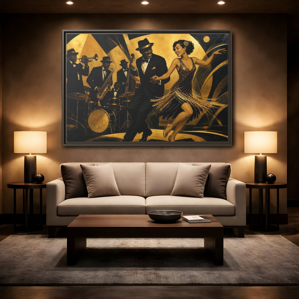 Mockup 2. Vintage Jazz Dancers Black And Gold shown as framed canvas print