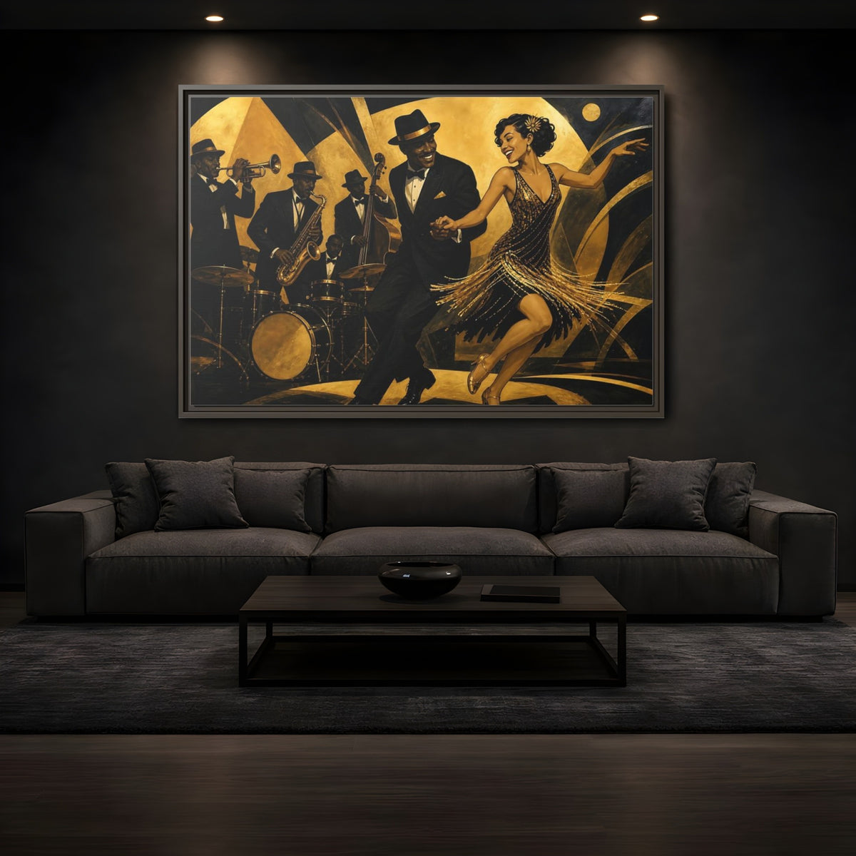 Mockup 3. Vintage Jazz Dancers Black And Gold shown as framed canvas print