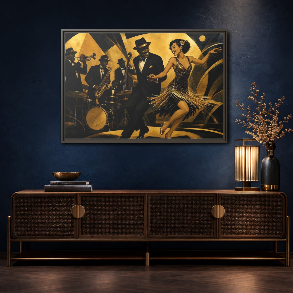 Mockup 4. Vintage Jazz Dancers Black And Gold shown as framed canvas print
