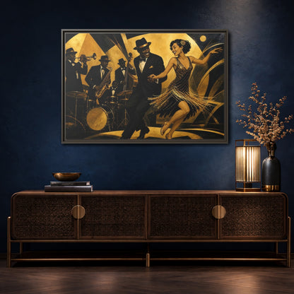 Mockup 4. Vintage Jazz Dancers Black And Gold shown as framed canvas print