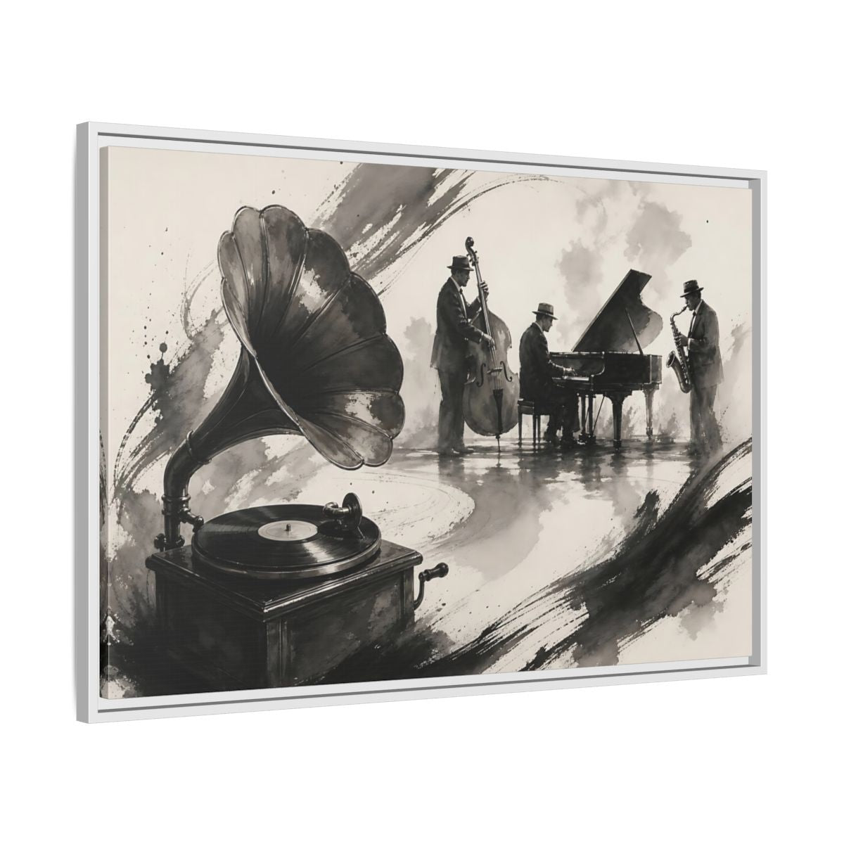 Side Mockup 9. Vintage Jazz Ensemble shown as framed canvas print