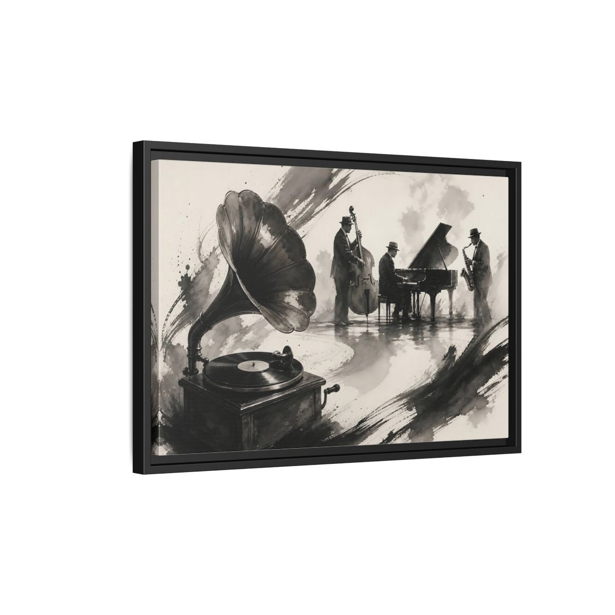 Side Mockup 3. Vintage Jazz Ensemble shown as framed canvas print