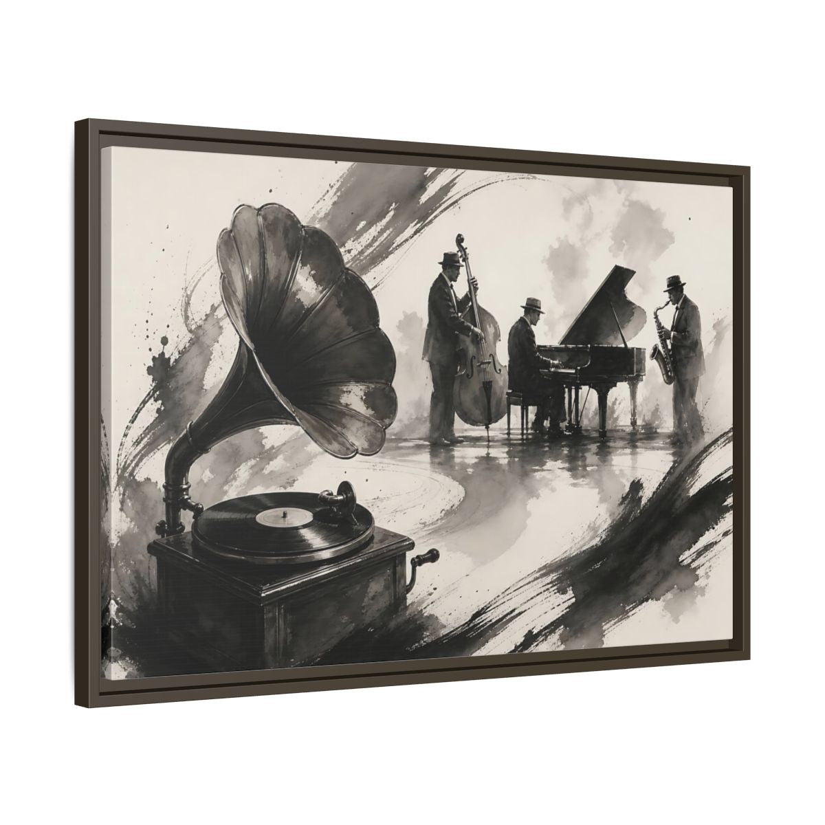 Side Mockup 11. Vintage Jazz Ensemble shown as framed canvas print