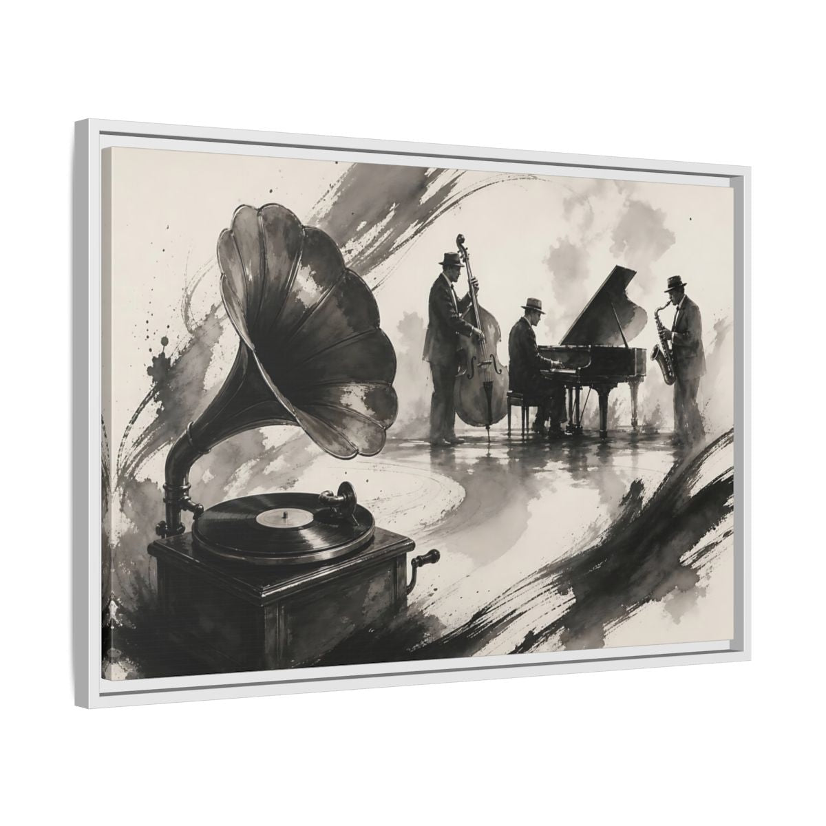 Side Mockup 10. Vintage Jazz Ensemble shown as framed canvas print