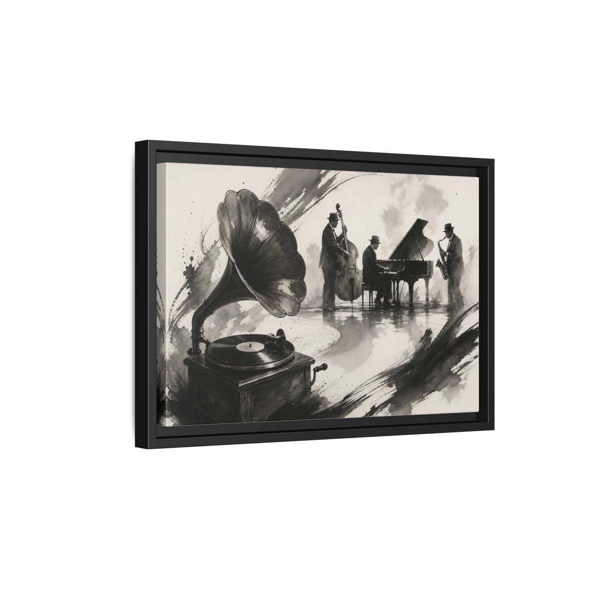 Side Mockup 6. Vintage Jazz Ensemble shown as framed canvas print
