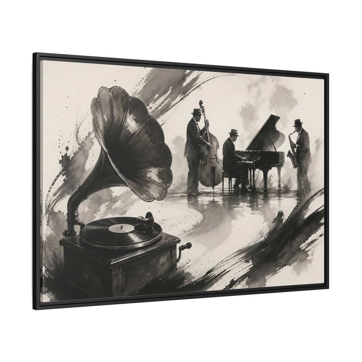 Side Mockup 12. Vintage Jazz Ensemble shown as framed canvas print