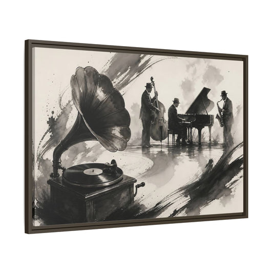 Main Mockup. Vintage Jazz Ensemble shown as framed canvas print