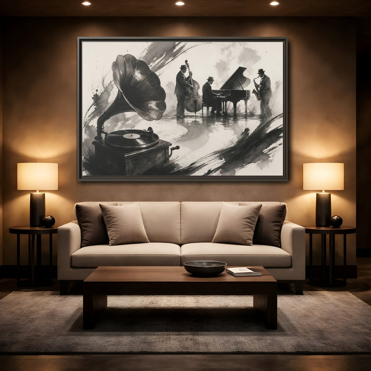 Mockup 2. Vintage Jazz Ensemble shown as framed canvas print