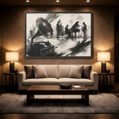 Mockup 2. Vintage Jazz Ensemble shown as framed canvas print