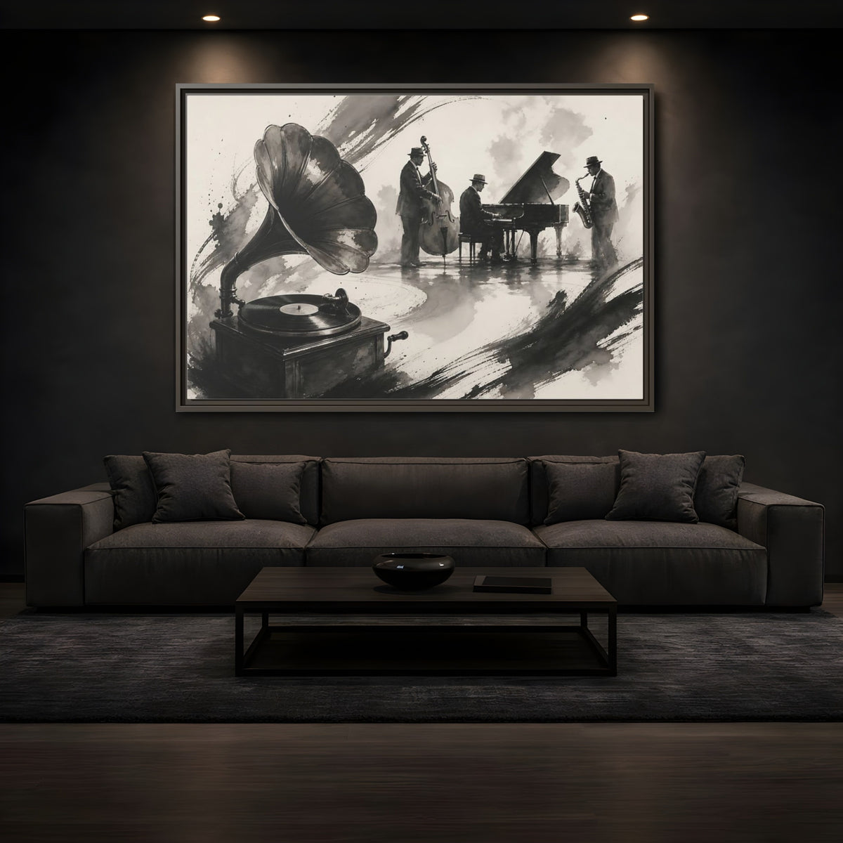 Mockup 3. Vintage Jazz Ensemble shown as framed canvas print