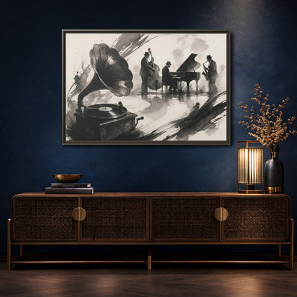 Mockup 4. Vintage Jazz Ensemble shown as framed canvas print