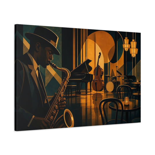 Main Mockup. Vintage Jazz Musician Dark Blue Gold Jazz shown as canvas print