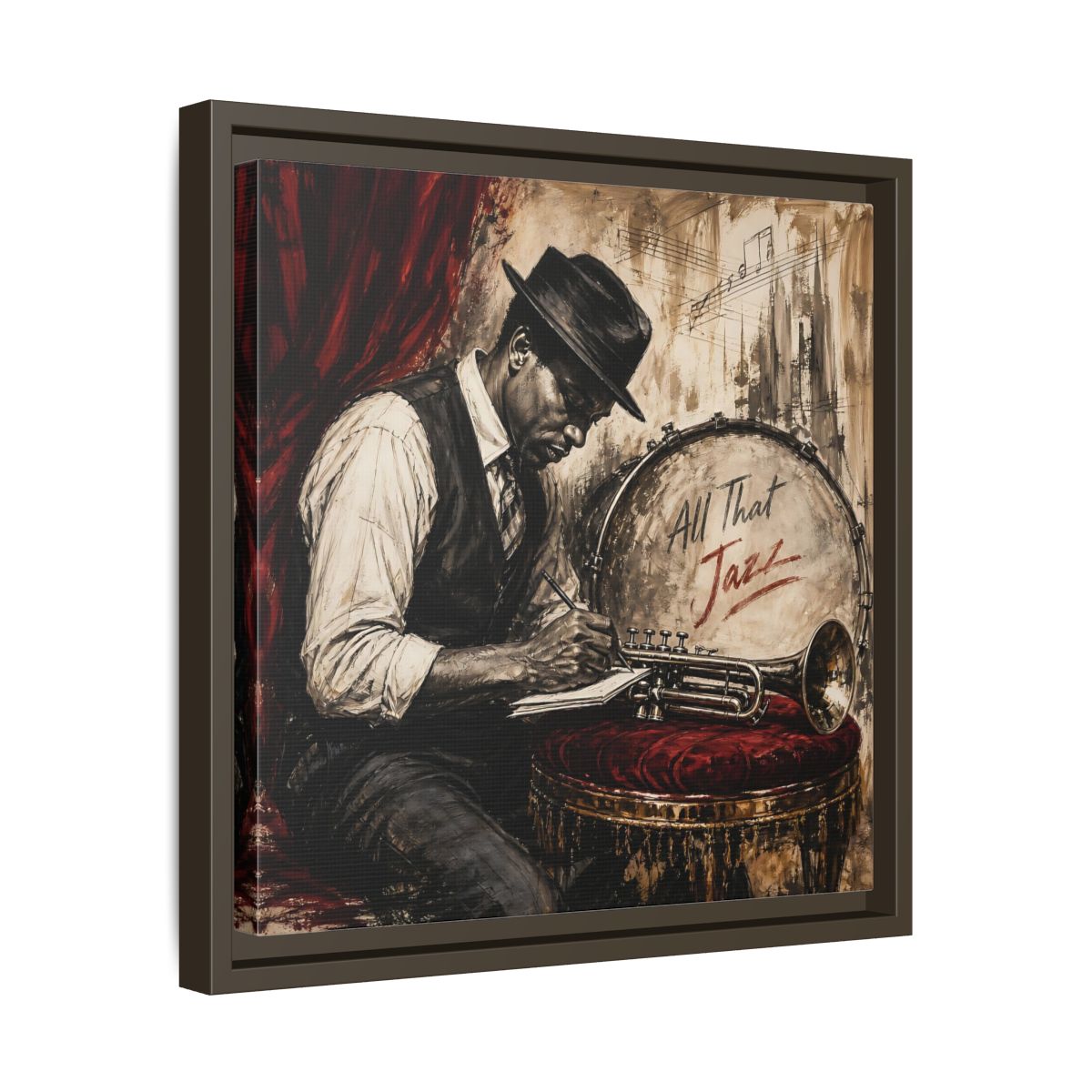 Side Mockup 29. Vintage Jazz Musician Red And Black Jazz shown as framed canvas print