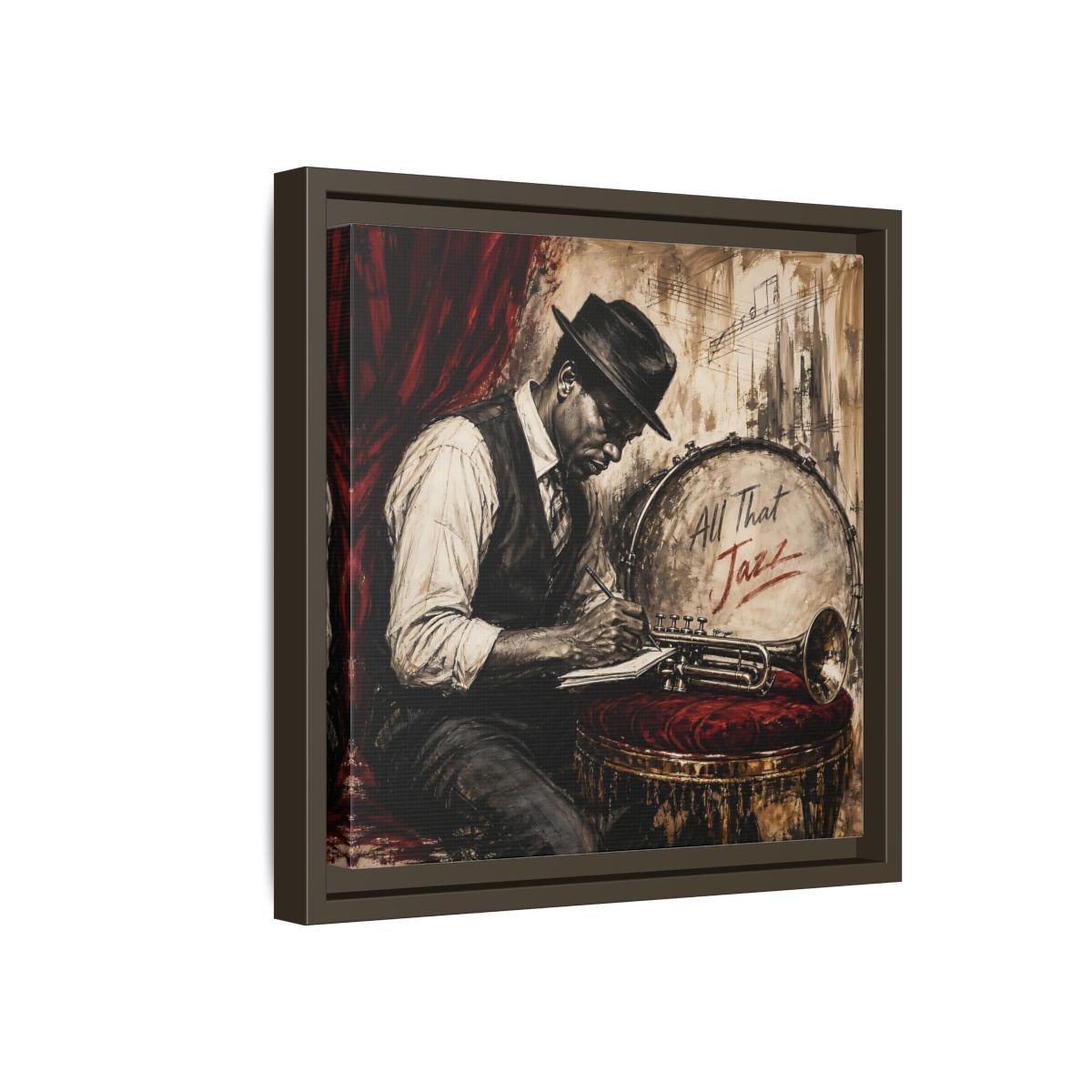Side Mockup 17. Vintage Jazz Musician Red And Black Jazz shown as framed canvas print