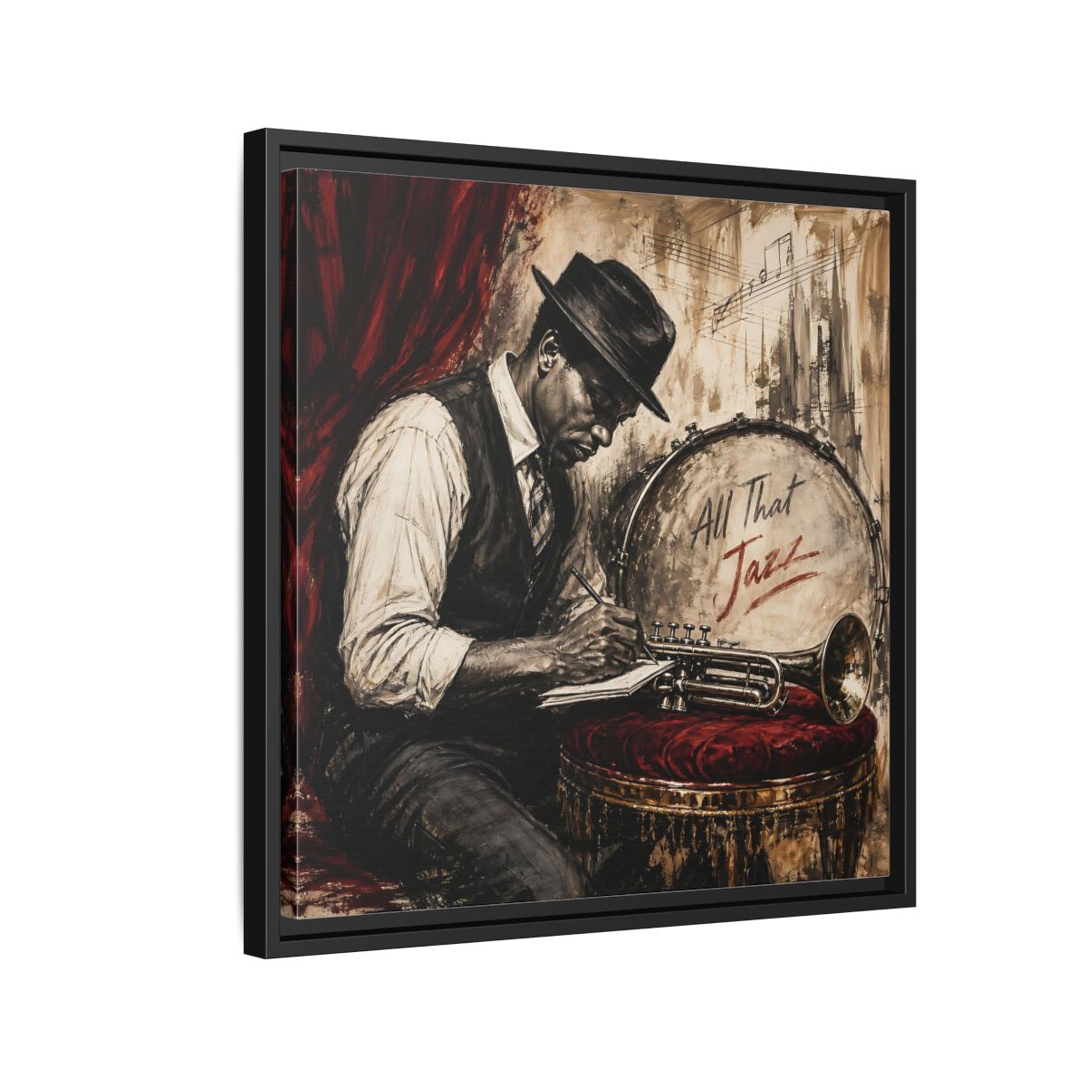 Side Mockup 12. Vintage Jazz Musician Red And Black Jazz shown as framed canvas print
